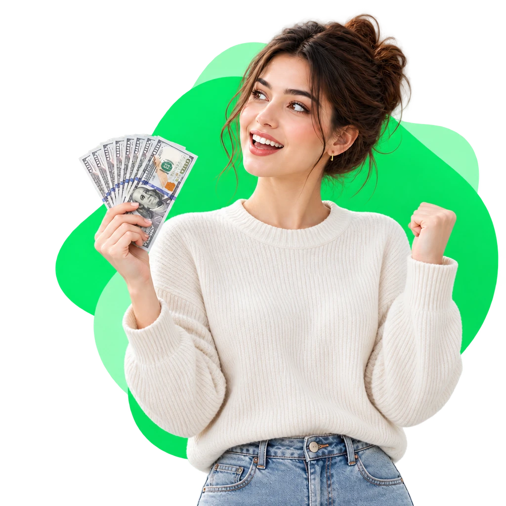 A woman smiling and holding cash, celebrating