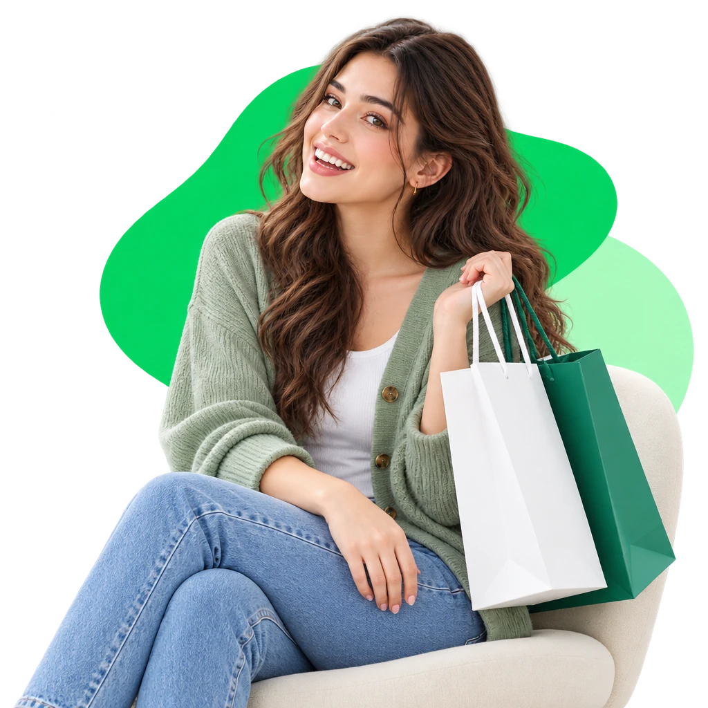 A woman seated in an armchair holding shopping bags, smiling