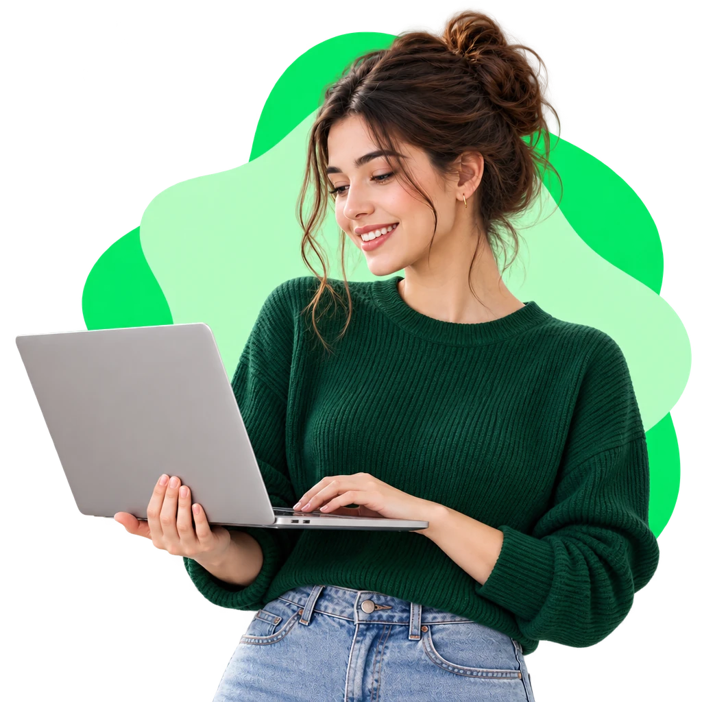 A woman in a green sweater holding a laptop