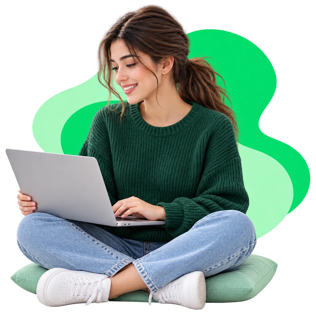 A woman sitting cross-legged working on a laptop