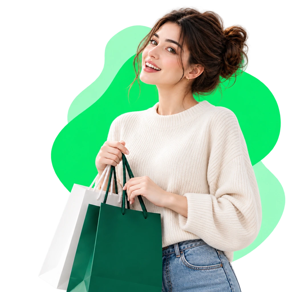 A woman with shopping bags looking to her right