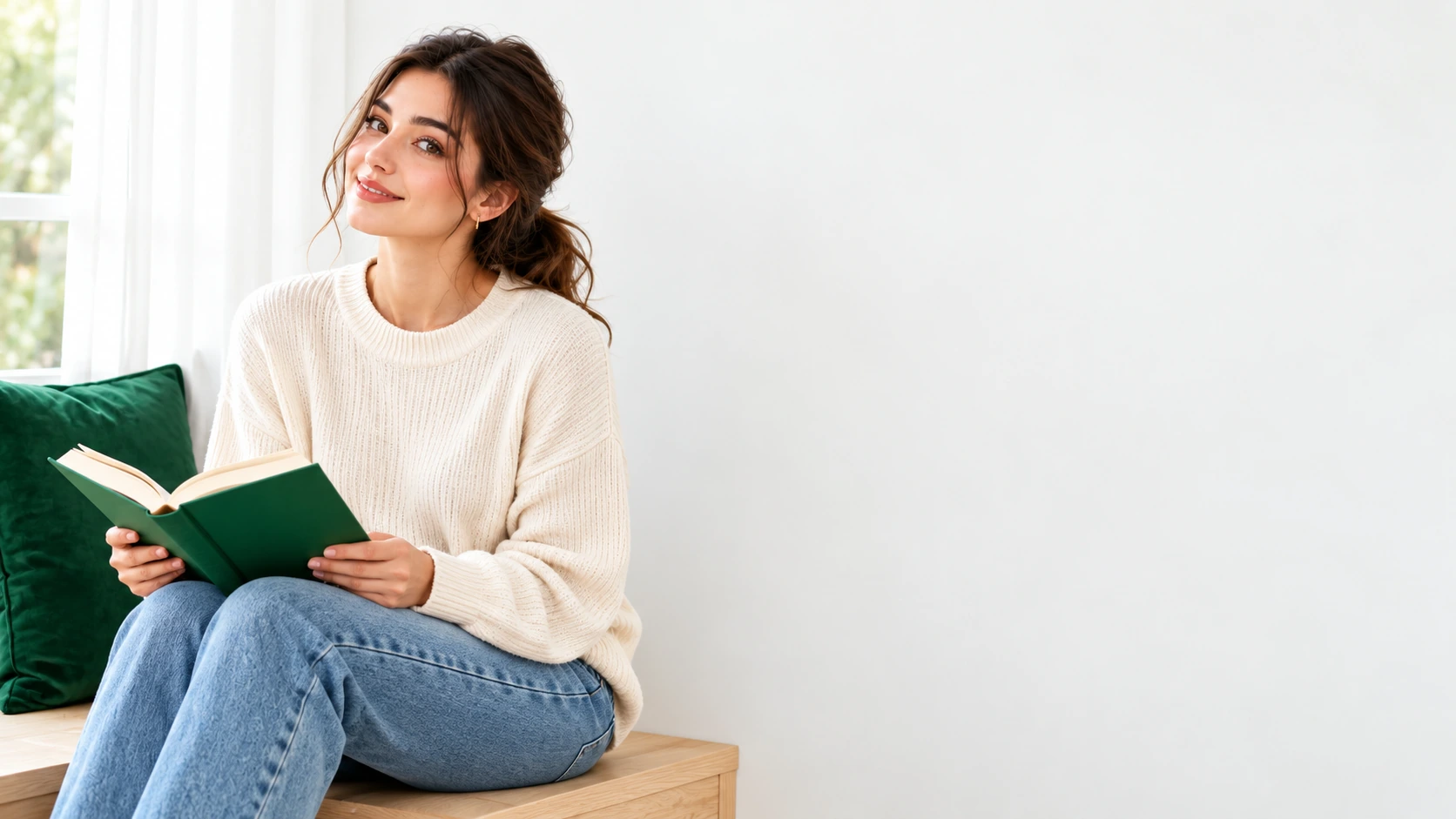 A woman reading a green book by a window