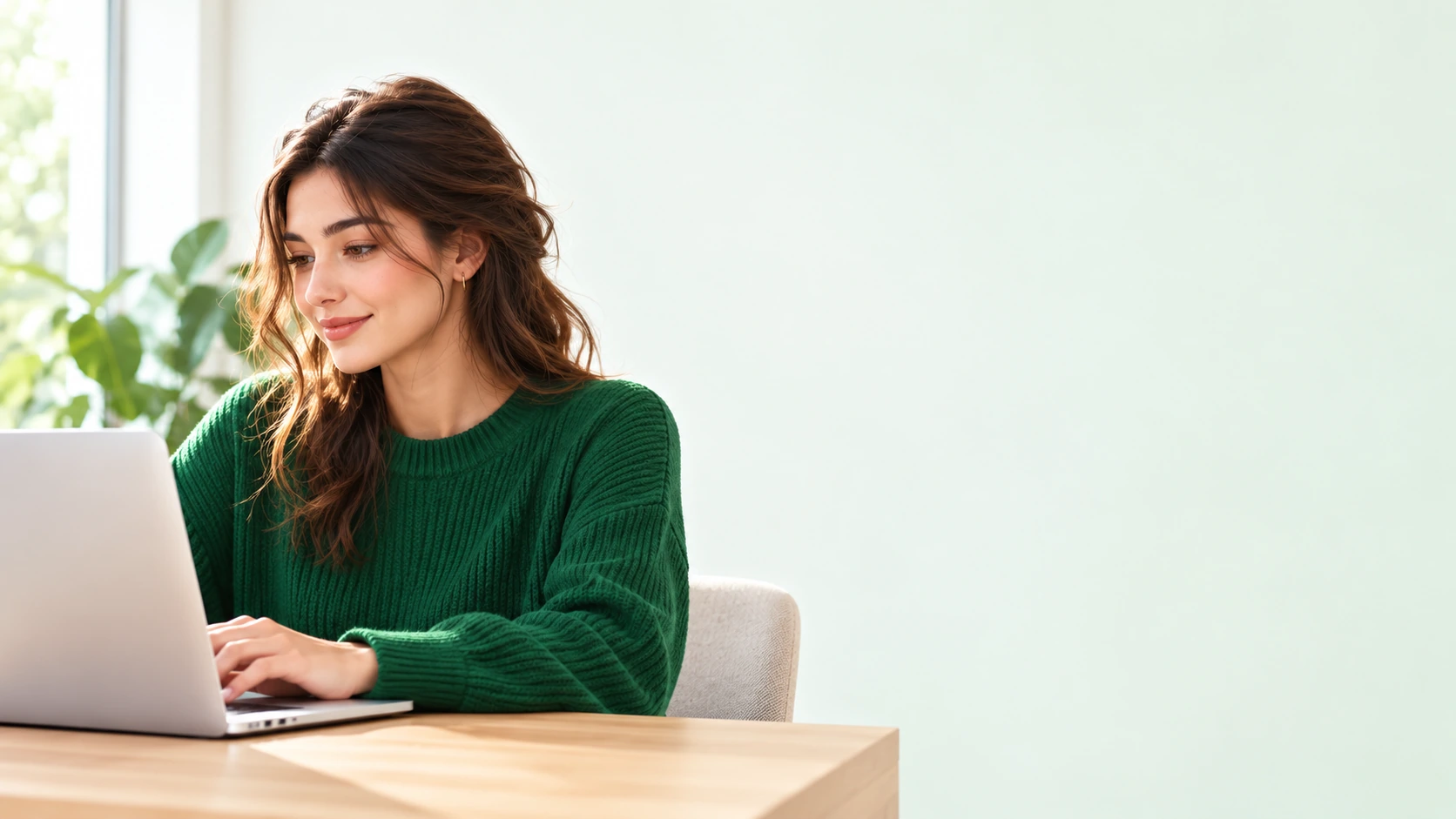 A woman in a green sweater typing on a laptop at a wooden desk