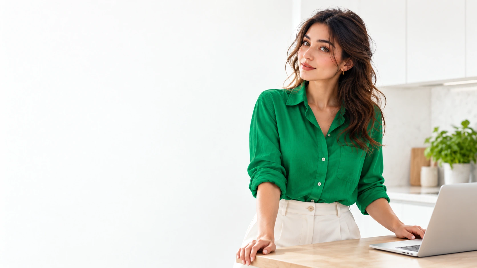 A woman in a green shirt leaning on a kitchen counter with a laptop