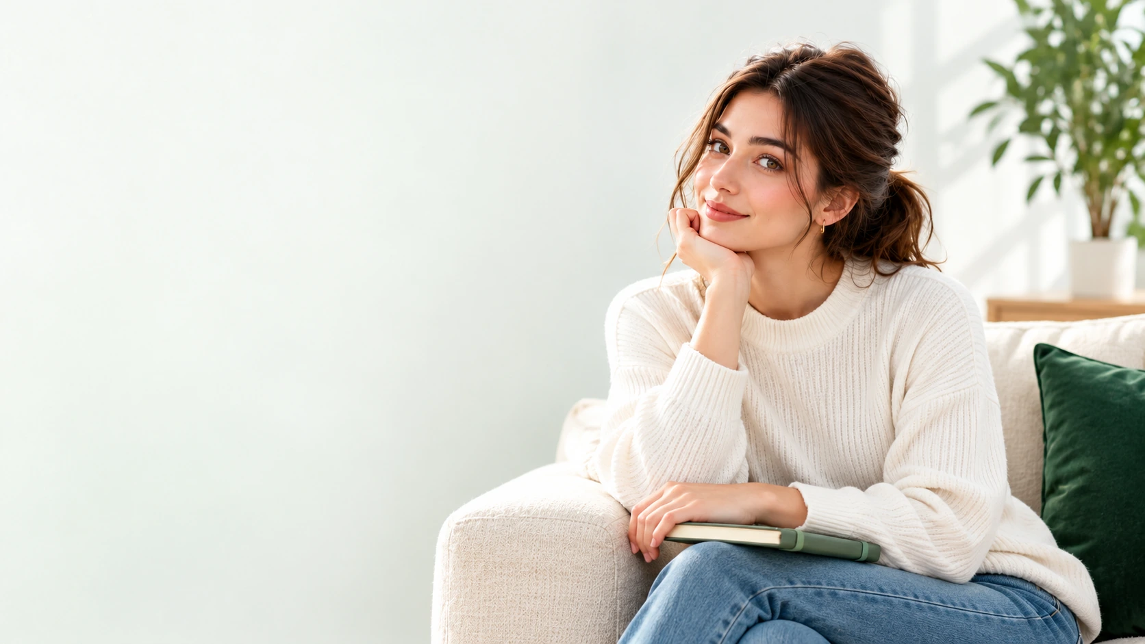 A smiling woman on a sofa in a bright living room