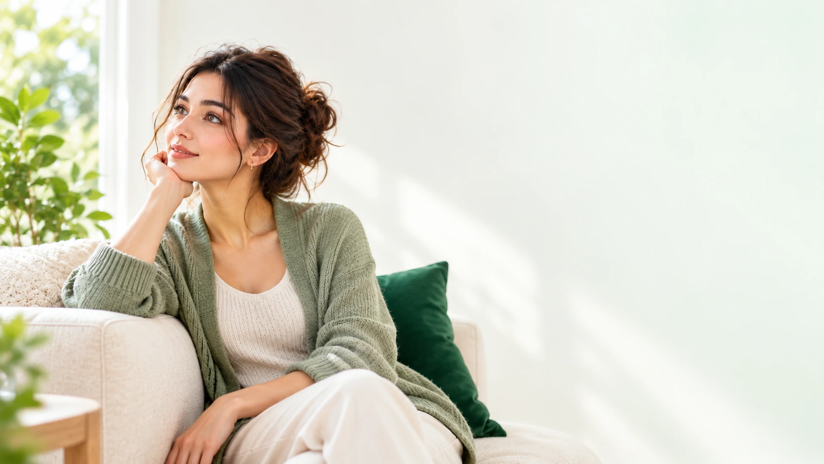 A woman relaxing on a sofa by a bright window, looking to the side