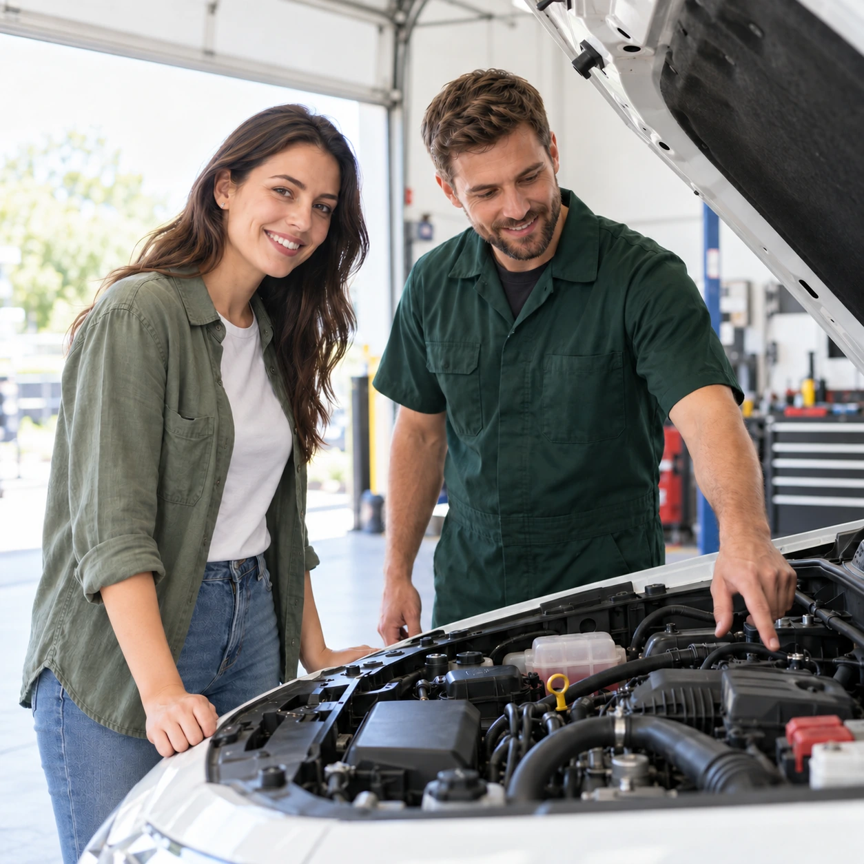 A mechanic showing a smiling customer the engine of her car