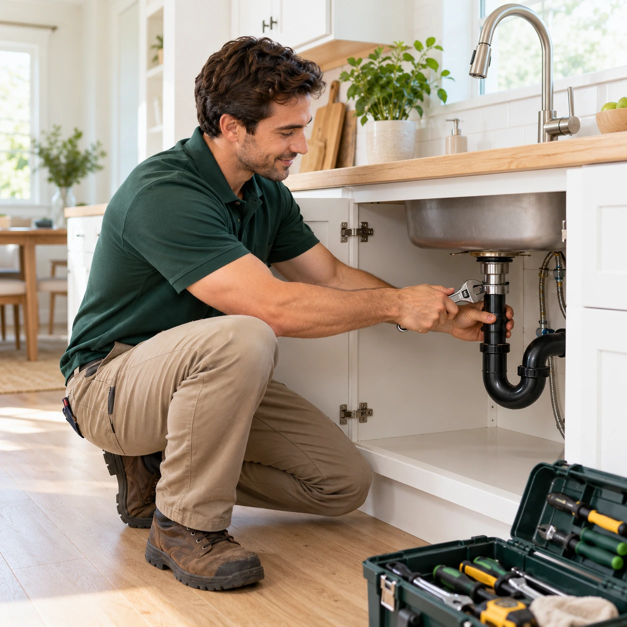 A plumber fixing pipes under a kitchen sink