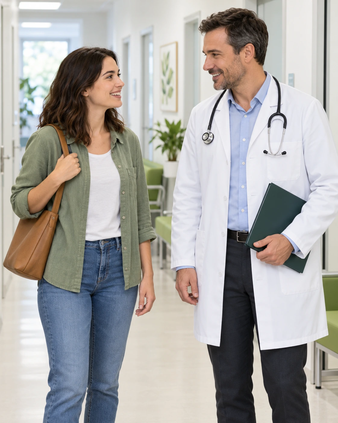 A doctor talking with a patient in a clinic hallway